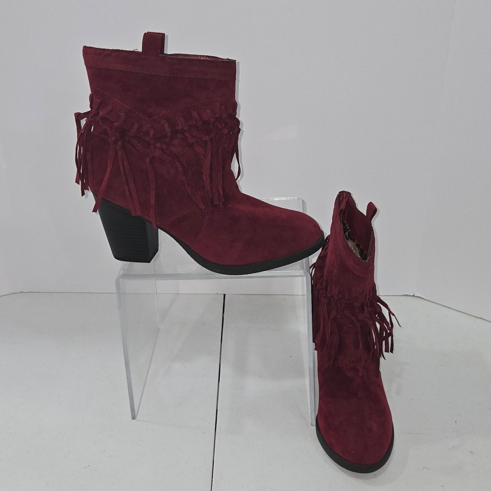 Ashley Stewart Wine Faux Suede Fringe Ankle Boots 10W W22716-OX Burgundy Western